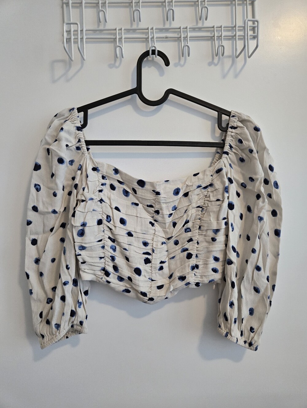 Wilfred Lolita White Cropped Peasant Top with Navy Polka Dots